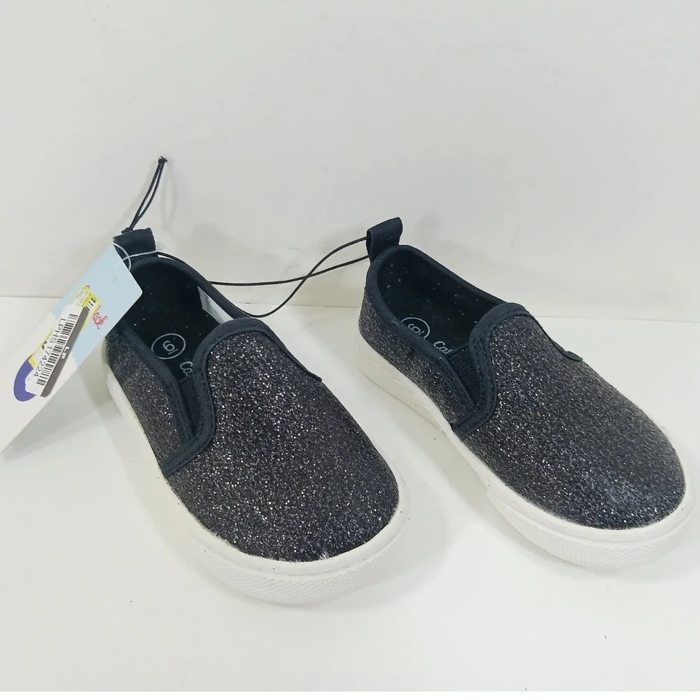 Cat & Jack Toddler Yana Glitter Slip On Sneakers Black Sparkle Size 6 NWT